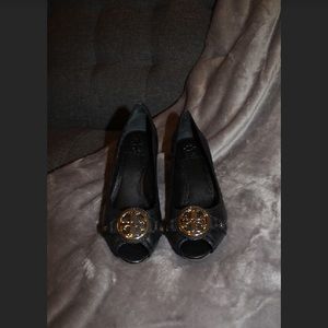 Tory Burch Open Toe Black Leather Wedges